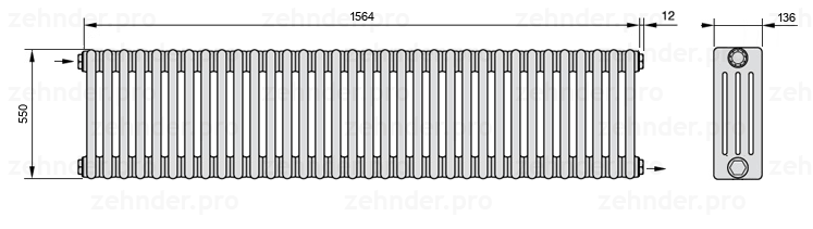 Схема (чертеж) Радиатор Zehnder Charleston 4055/34 №1670 Белый глянцевый RAL 9016